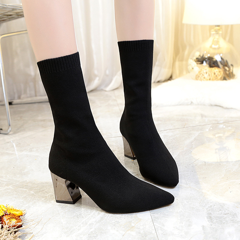 Foreign trade plus size wool short boots Women pointed toe chunky heel Martin stretch boots Amazon AliExpress knitted socks boots size 43