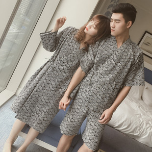 Couple's Japanese Pajamas Women's Autumn and Winter Cotton Gauze Kimono Pajamas Two-Piece Sweat Sauna Clothes Home Clothes Men's