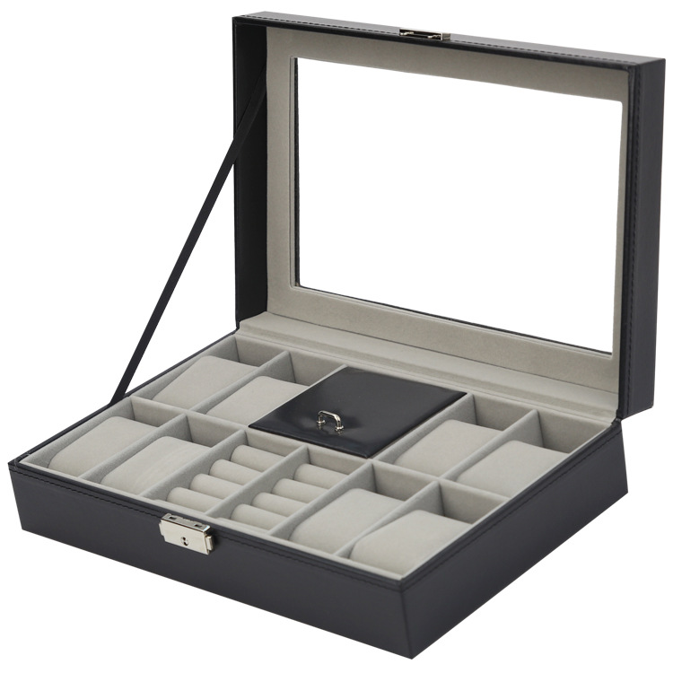 Watch jewelry box e-commerce explosions black PU8 watch 2 grid ring leather watch jewelry packaging box