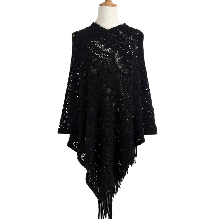 wish Midi Crochet Hollow Irregular Tassel Pullover Sweater Women's Cape Shawl Sweater
