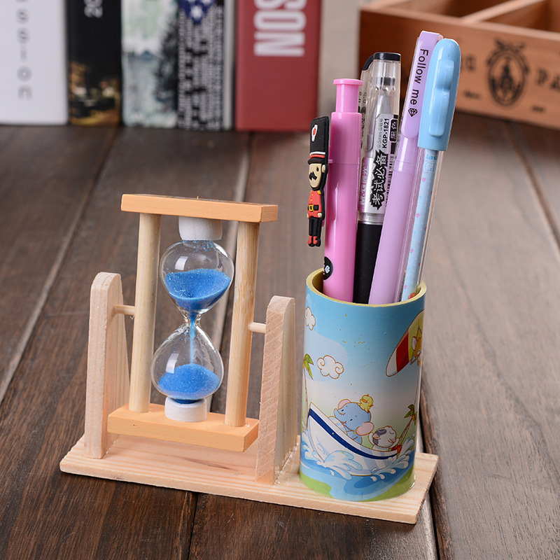 Children's Day Hourglass Pen Holder Cartoon Pattern quicksand Wooden Hourglass Ornaments Student Holiday Birthday Gift Small Prizes