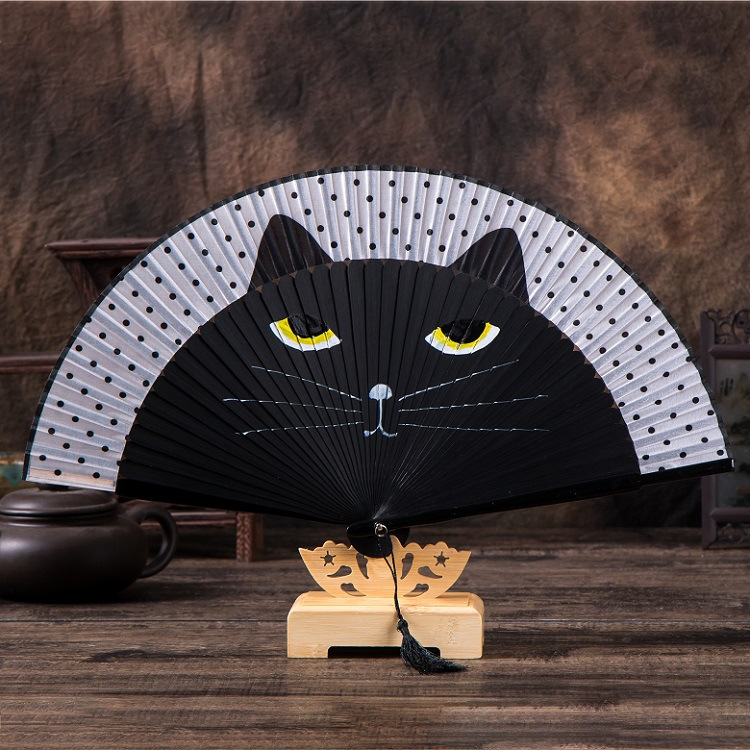 Paint Handle Hand-painted Cat Fan Japanese Girl's Bamboo Folding Fan Cartoon Totoro Fan Silk Creative Fan