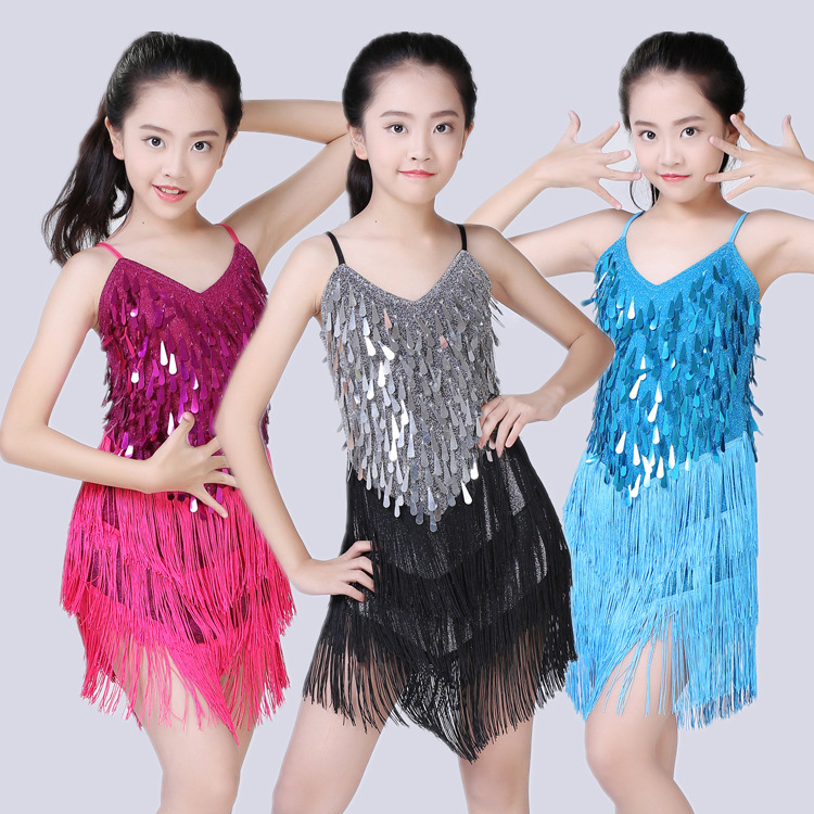 Children's Latin dance tassel skirt competition clothing stage performance clothing girls' sling sequined dress Festival performance clothing
