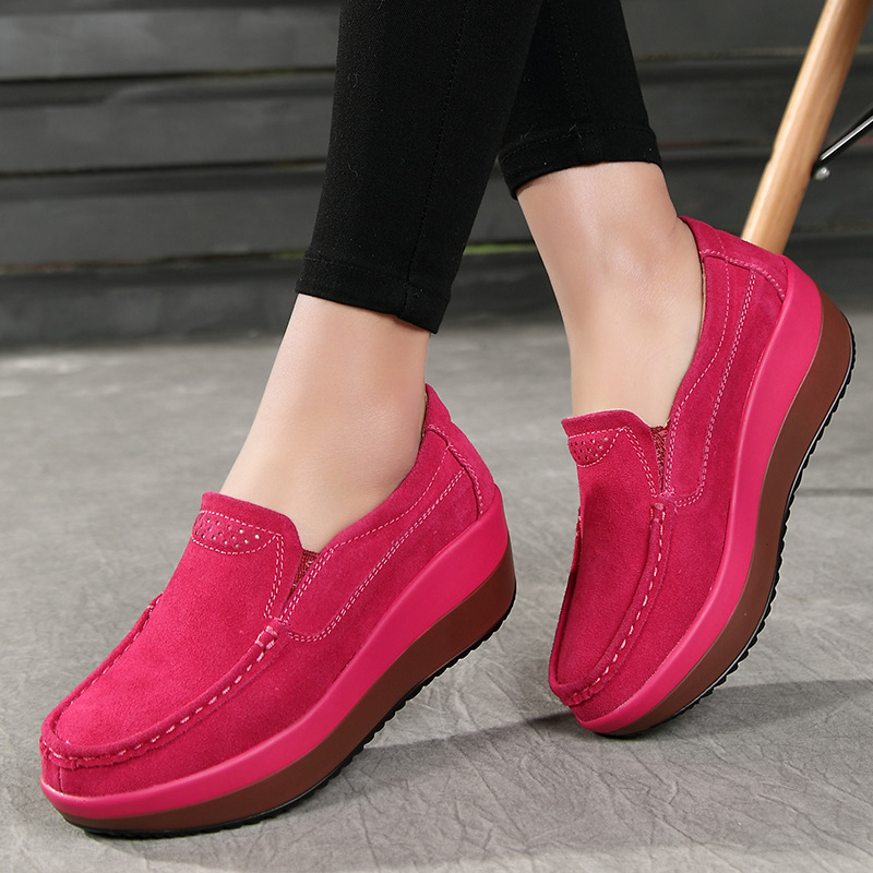2021 Spring and Autumn New Slip-on Casual Shoes Women's Genuine Leather Hollow Round Toe Rocking Platform Platform Wedge Moms Shoes