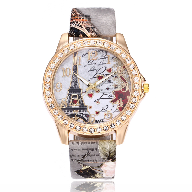 EBay Explosions Ladies Watch Fashion Diamond Tower Printed Belt Diamond Quartz Watch Women Wholesale