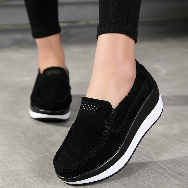 2021 Spring and Autumn New Slip-on Casual Shoes Women's Genuine Leather Hollow Round Toe Rocking Platform Platform Wedge Moms Shoes