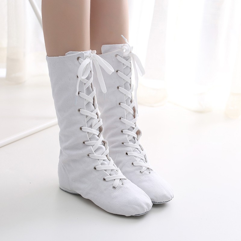 Black Extended Canvas Jazz Boots High-rise Modern Dance Shoes High-top Women's Soft-soled Dance Shoes Sports Practice Stage Performance