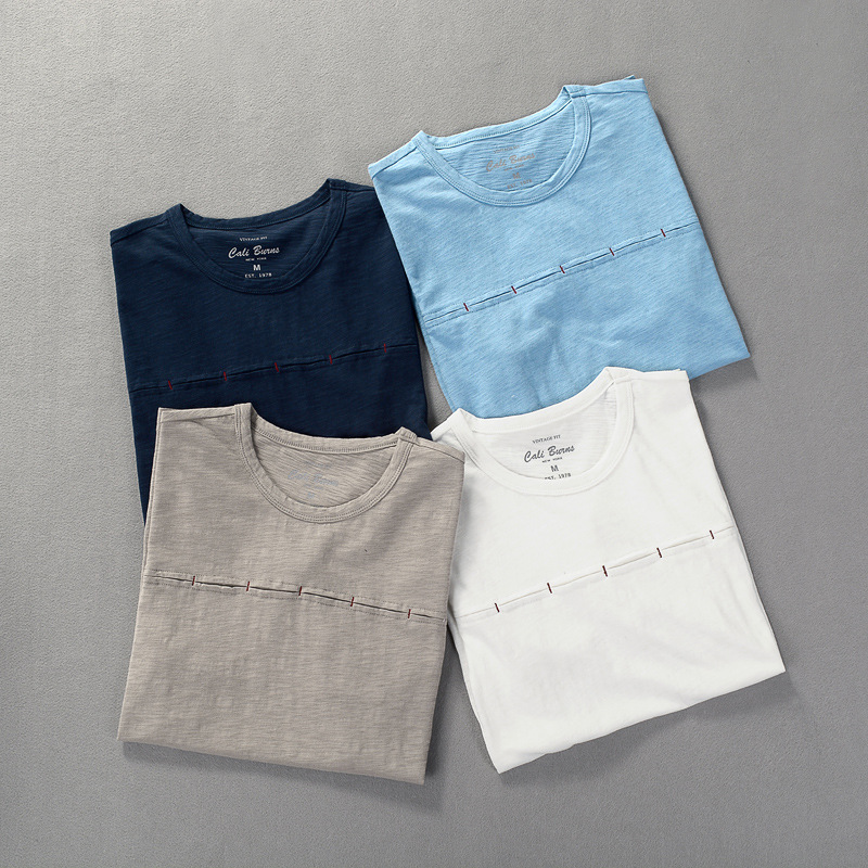 Summer New Men's Short-sleeved T-shirt Japanese Men's Round Neck Slim-fit Slub Cotton Solid Color T-shirt Men's T-shirt