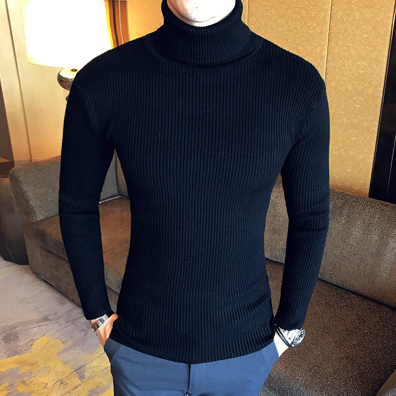 Korean Men's Slim-fit Solid Color High-collar Knitted Sweater Two-lapel Base Shirt Tight Winter Top Trendy 029
