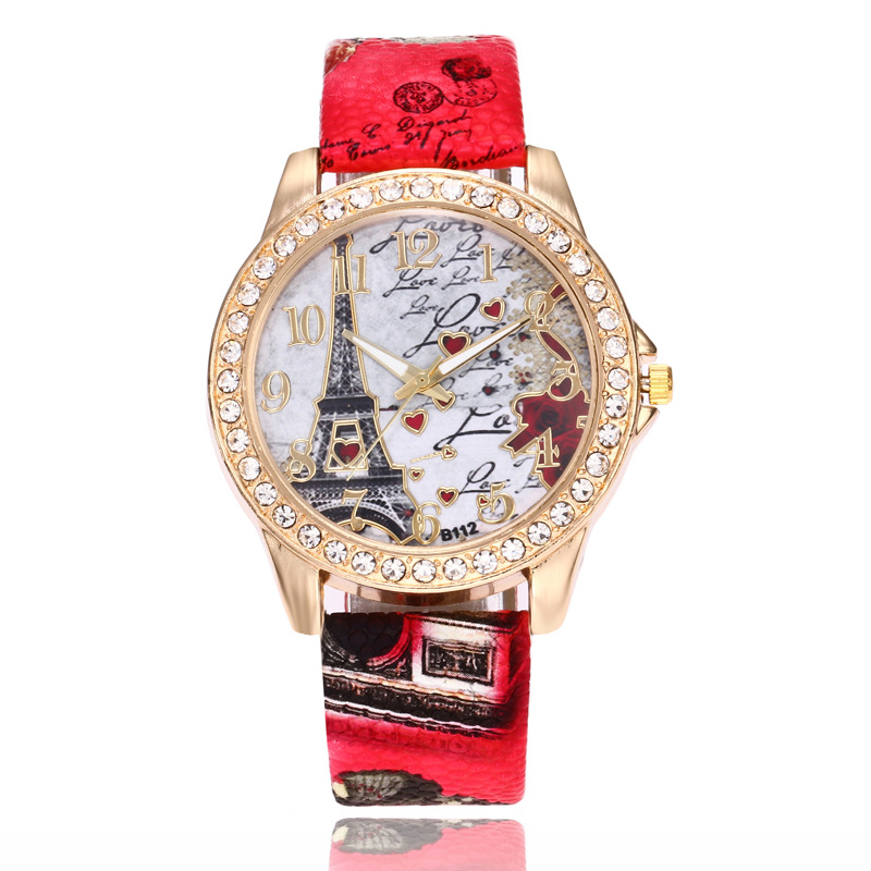 EBay Explosions Ladies Watch Fashion Diamond Tower Printed Belt Diamond Quartz Watch Women Wholesale