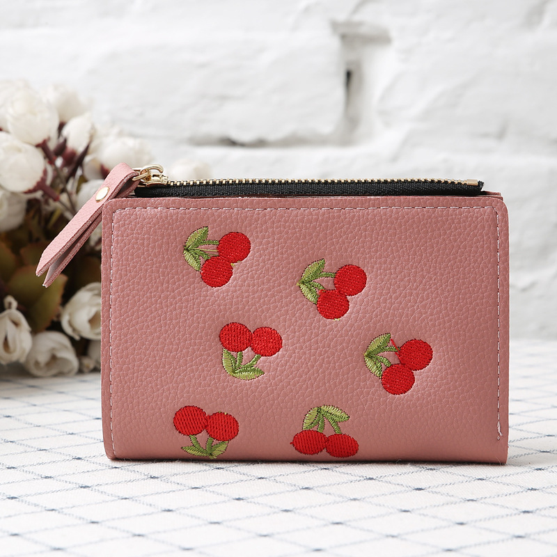 Vertical buckle cherry embroidered short fashion wallet new student simple fashion wallet in stock wholesale