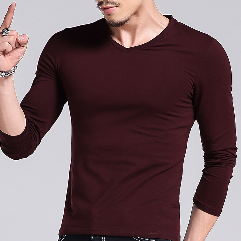 T-Shirt Men's Autumn Long-sleeved T-shirt Men's Solid Color Casual Trendy Brand Men's Inner T-shirt Slim-fit V-neck Base Shirt