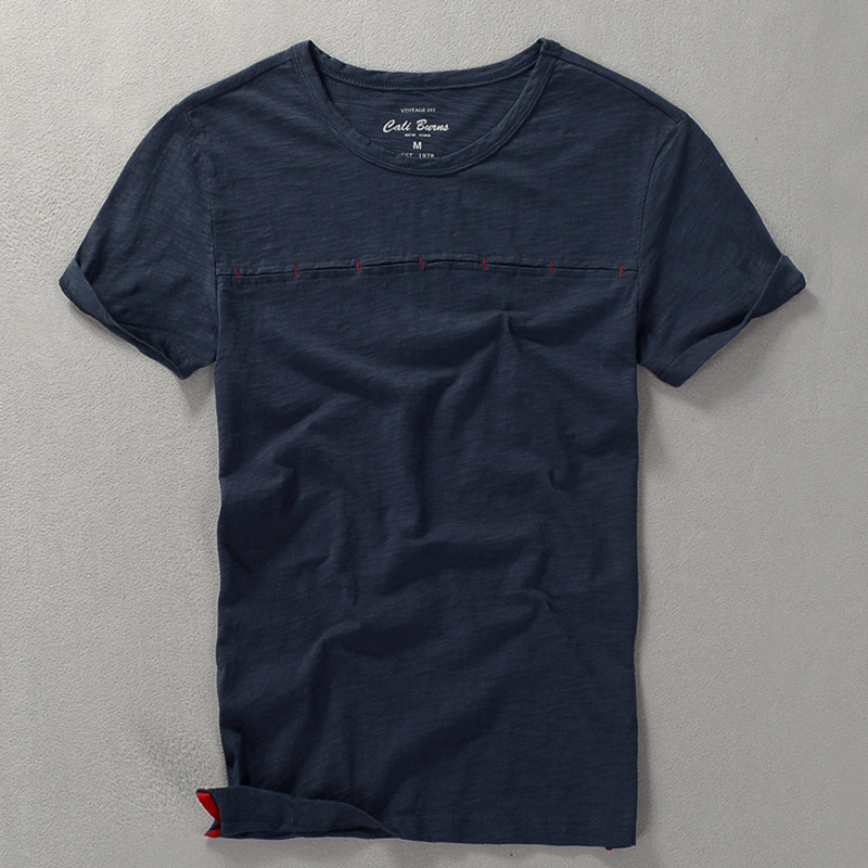 Summer New Men's Short-sleeved T-shirt Japanese Men's Round Neck Slim-fit Slub Cotton Solid Color T-shirt Men's T-shirt