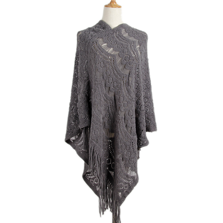 wish Midi Crochet Hollow Irregular Tassel Pullover Sweater Women's Cape Shawl Sweater