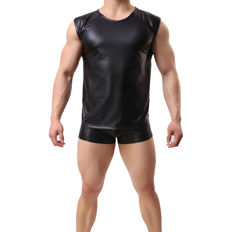 Men's Imitation Leather Vest Comfortable Round Neck Patent Leather Wide Shoulder Sleeveless Black Summer Explosions Inside Cool