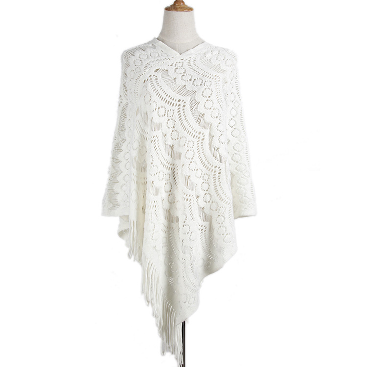 wish Midi Crochet Hollow Irregular Tassel Pullover Sweater Women's Cape Shawl Sweater