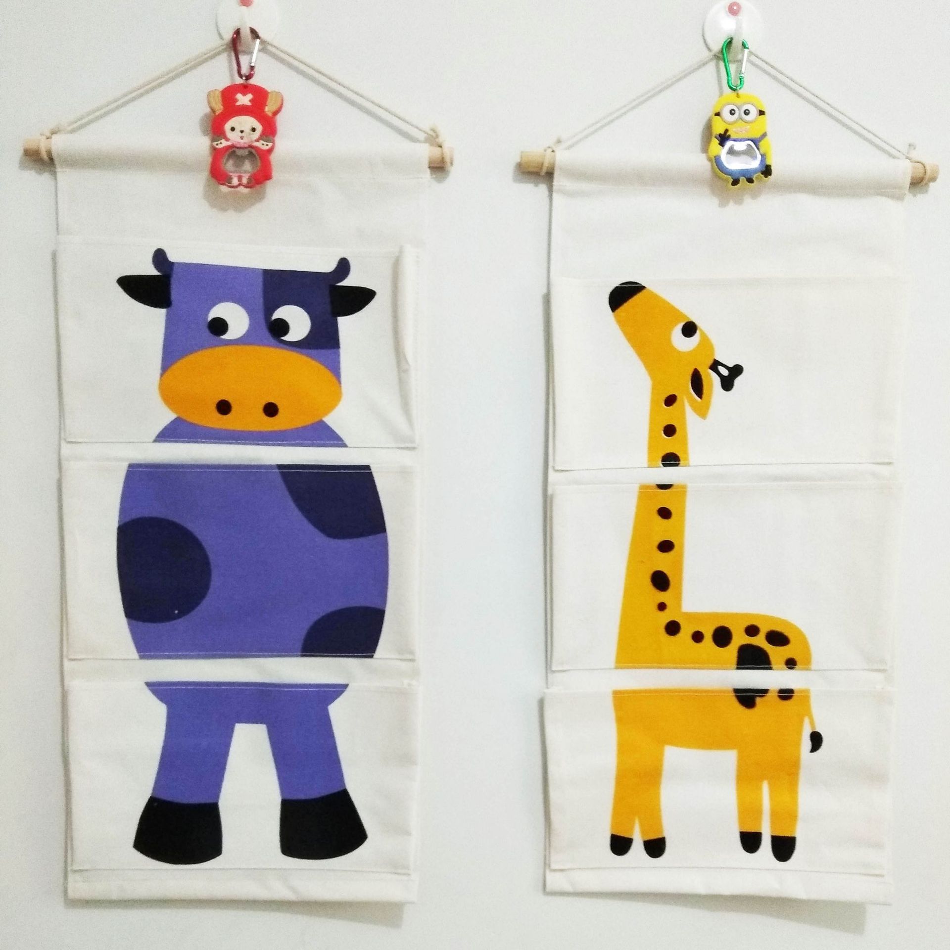 zakka Cotton and Linen Three Pockets Six Cartoon Animal Hanging Bag Door Storage Bag Storage Bag Wall Decoration Hanging Bag