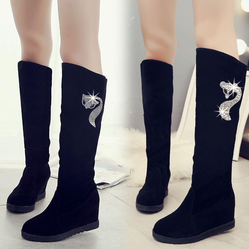 Women's Long Boots Autumn and Winter New Inner Height Increasing Sleeve Women's Cotton Boots Rhinestone Decoration Korean Style Snow Boots Women