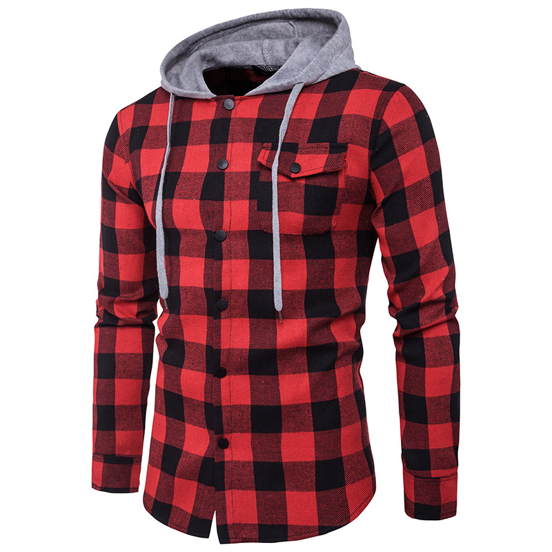 Men's Shirt Features Large Plaid Fashionable Hooded Chest Pocket Decoration Men's Casual Hooded Denim Shirt