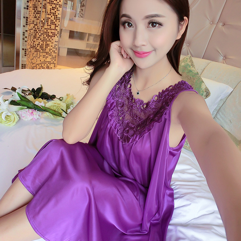 Spring and Summer Silk Nightgown Women's Sexy Nightgown Summer Ice Silk Lace Large Dress Solid Color Home Clothes