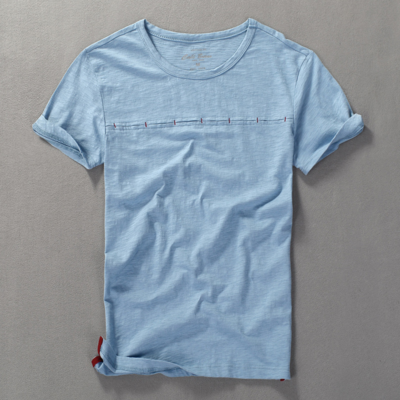 Summer New Men's Short-sleeved T-shirt Japanese Men's Round Neck Slim-fit Slub Cotton Solid Color T-shirt Men's T-shirt
