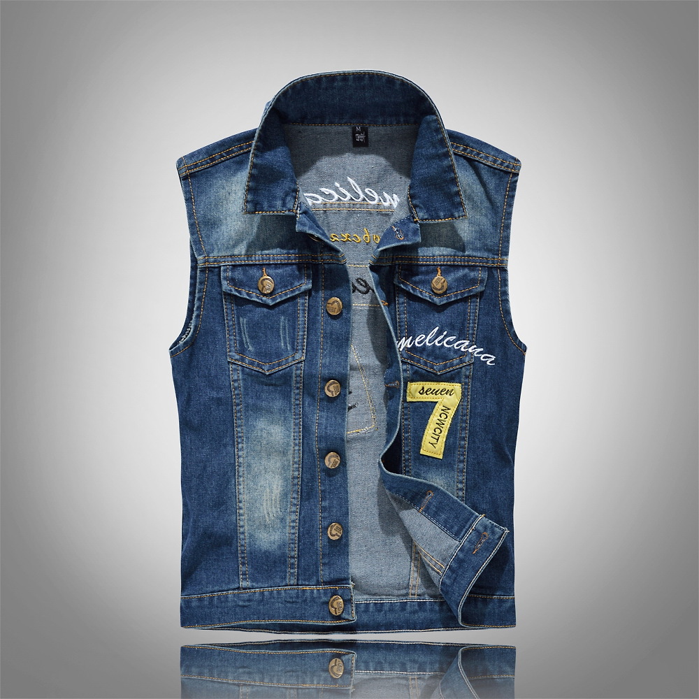 Large Size Korean Style Original Fashionable Men's Denim Vest Men's Denim Vest Shoulder Embroidered Casual Vest