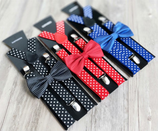 Adult Polka Dot Bow Tie + Idea Strap Set Men's and Women's 3-clip All-match Suspenders Shirt Accessories