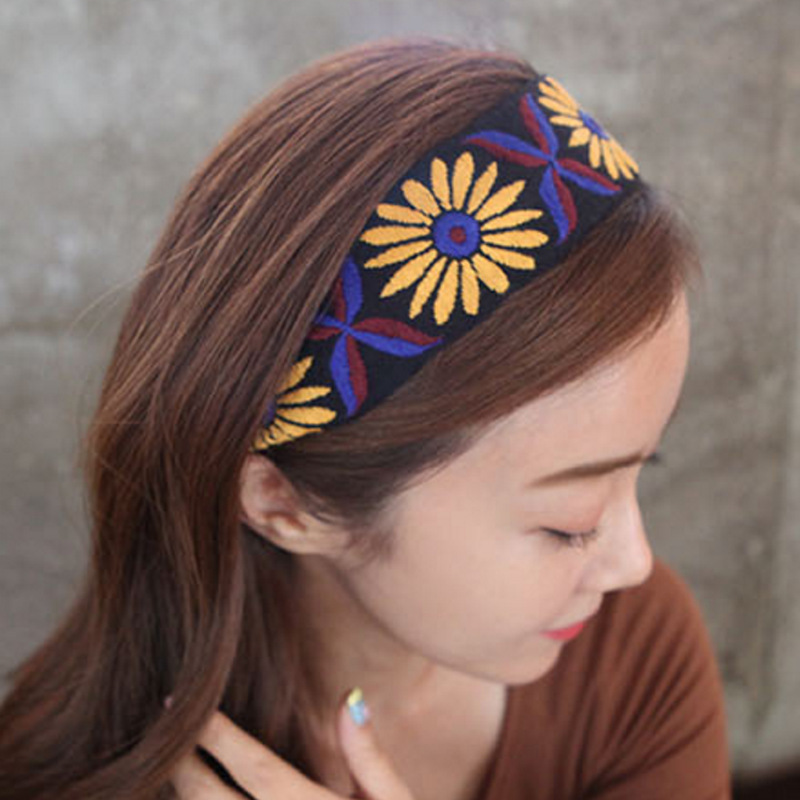 Korean Headwear Retro Bohemian Totem Embroidery Ethnic Style Knot Hair Band European and American Elastic Hair Band B503