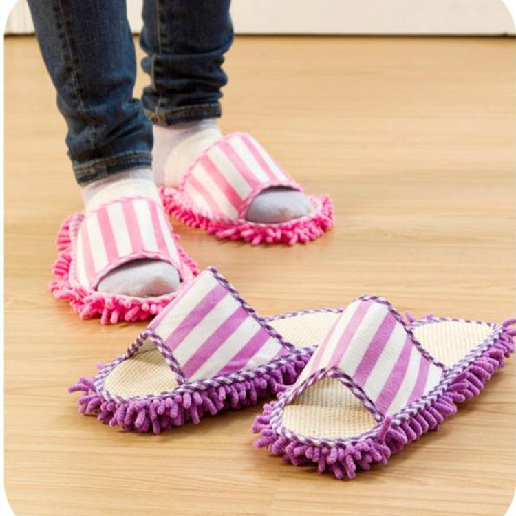 New Coral Fleece Striped Machine Washable Slippers Chenille Linen Lazy Mop Slippers