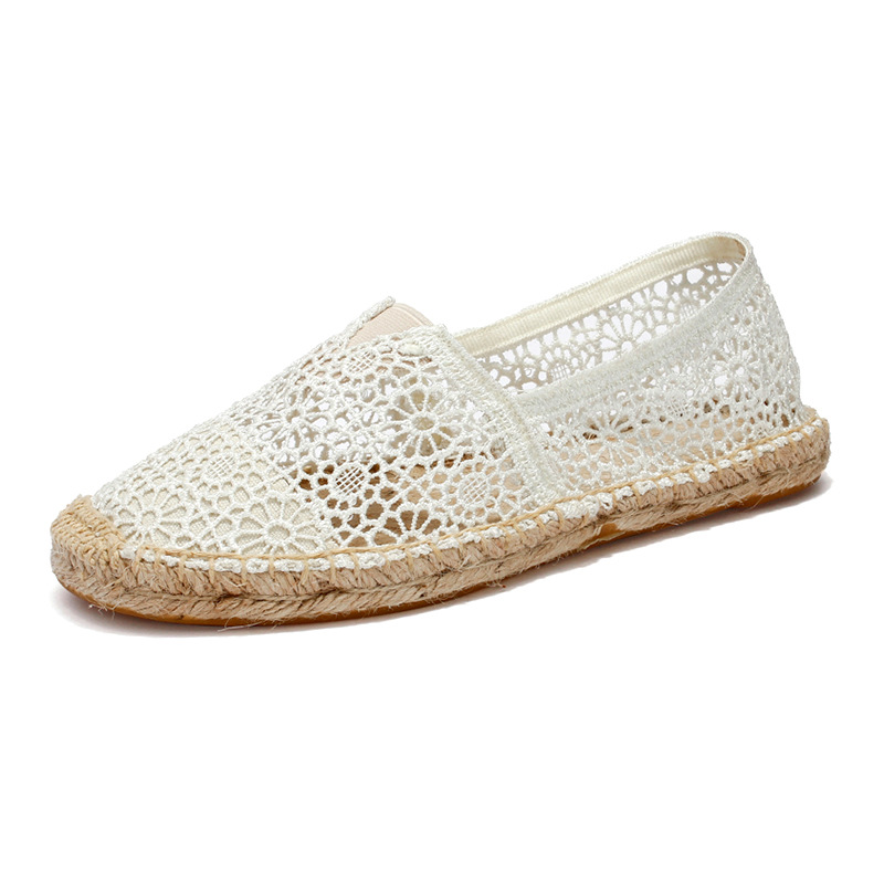 Summer Straw Fisherman Shoes Women's Lace Hollow Slip-on Flat Lazy Shoes Casual Linen Shoes Wholesale
