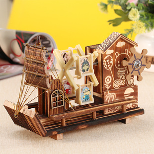 P0321 wooden house windmill sailing boat rotating music box 60-273 creative wooden ornaments student birthday gift