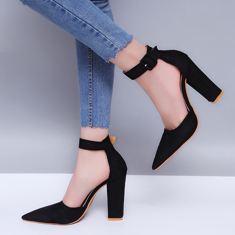 Juti wish foreign trade 2021 summer European and American fashion large size thick heel high heels pointed buckle women's fashion shoes