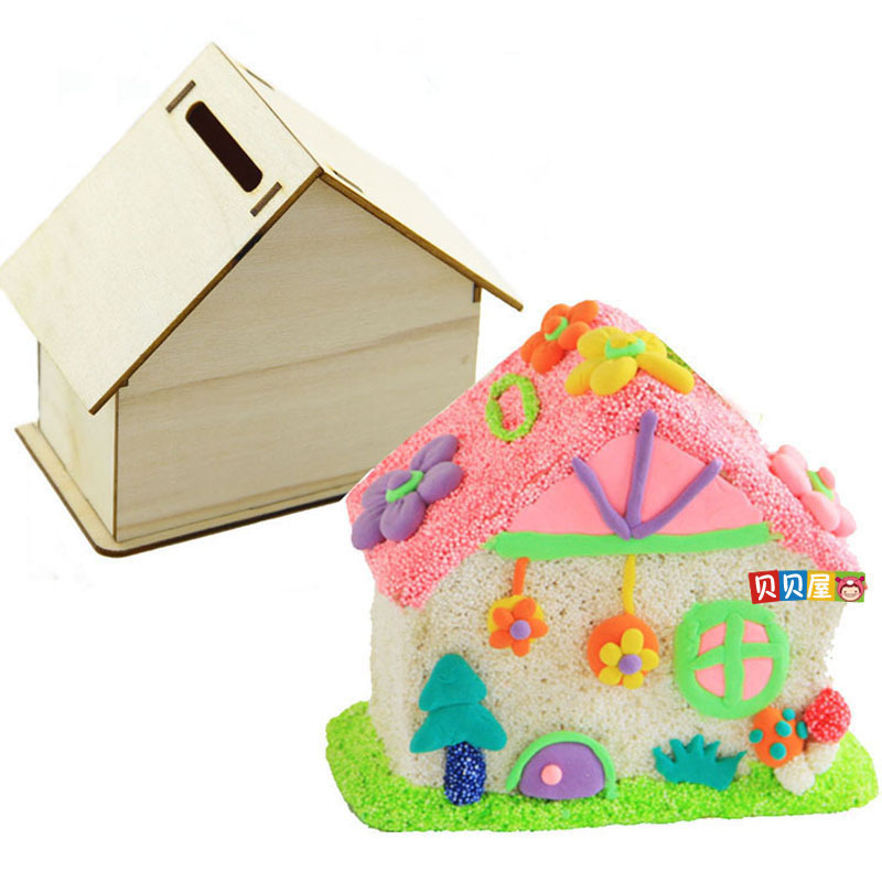 diy Wooden White Boil Piggy Bank Pearl Snowflake Mud Clay Piggy Bank Children's Handmade House Coloring