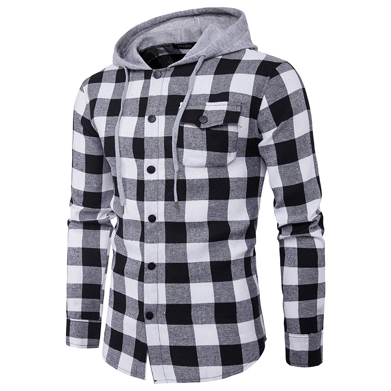 Men's Shirt Features Large Plaid Fashionable Hooded Chest Pocket Decoration Men's Casual Hooded Denim Shirt