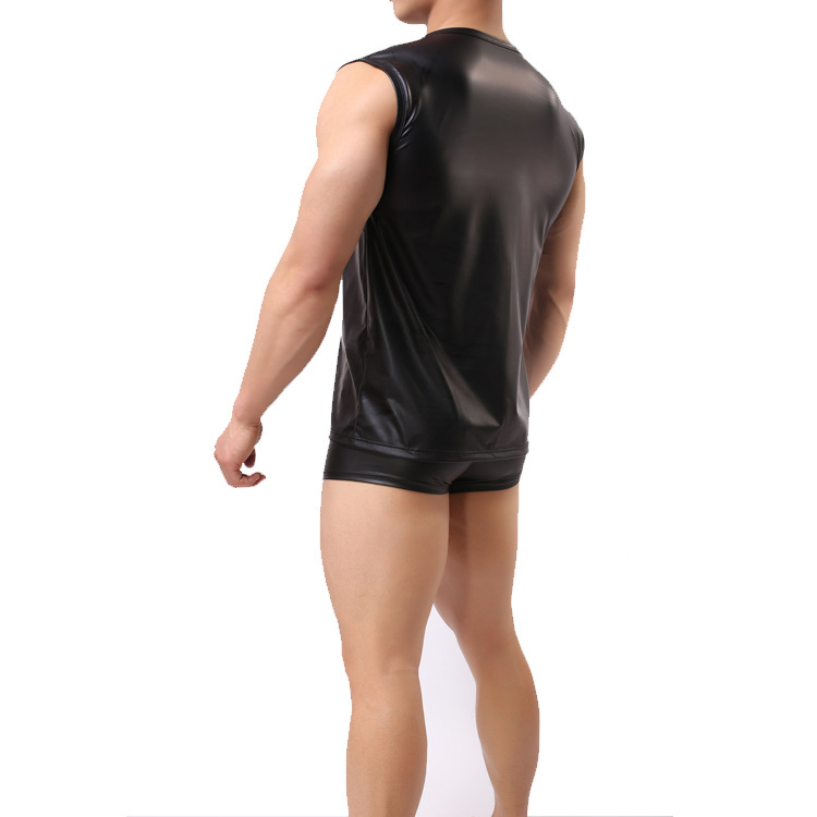 Men's Imitation Leather Vest Comfortable Round Neck Patent Leather Wide Shoulder Sleeveless Black Summer Explosions Inside Cool