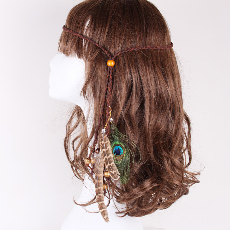 現物復古ボヘミアン孔雀羽飾りひもヘアバンド|undefined