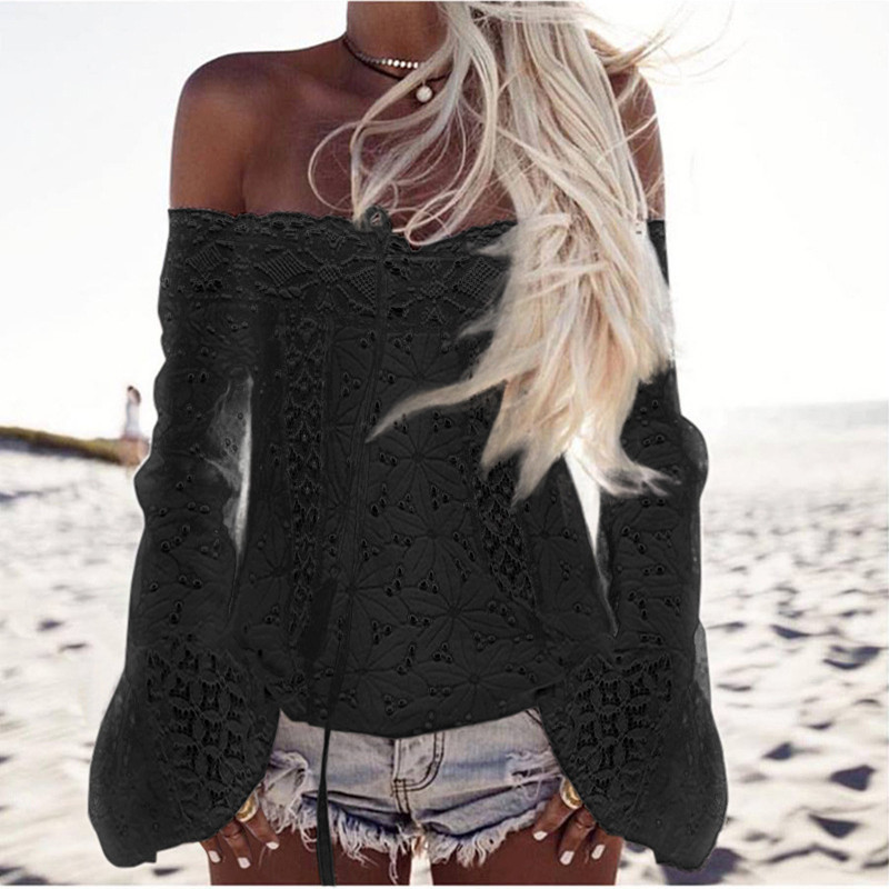 White off-shoulder bell sleeve lace top off-shoulder tassel lace stitching top in stock