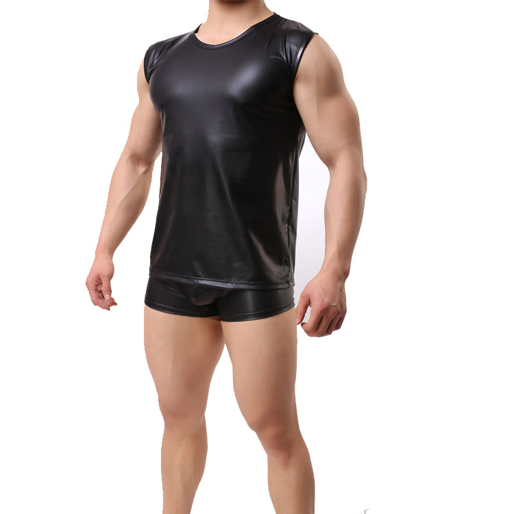 Men's Imitation Leather Vest Comfortable Round Neck Patent Leather Wide Shoulder Sleeveless Black Summer Explosions Inside Cool