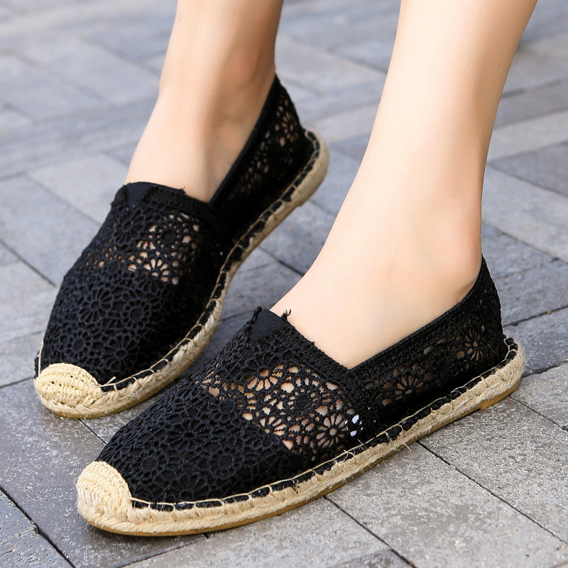 Summer Straw Fisherman Shoes Women's Lace Hollow Slip-on Flat Lazy Shoes Casual Linen Shoes Wholesale