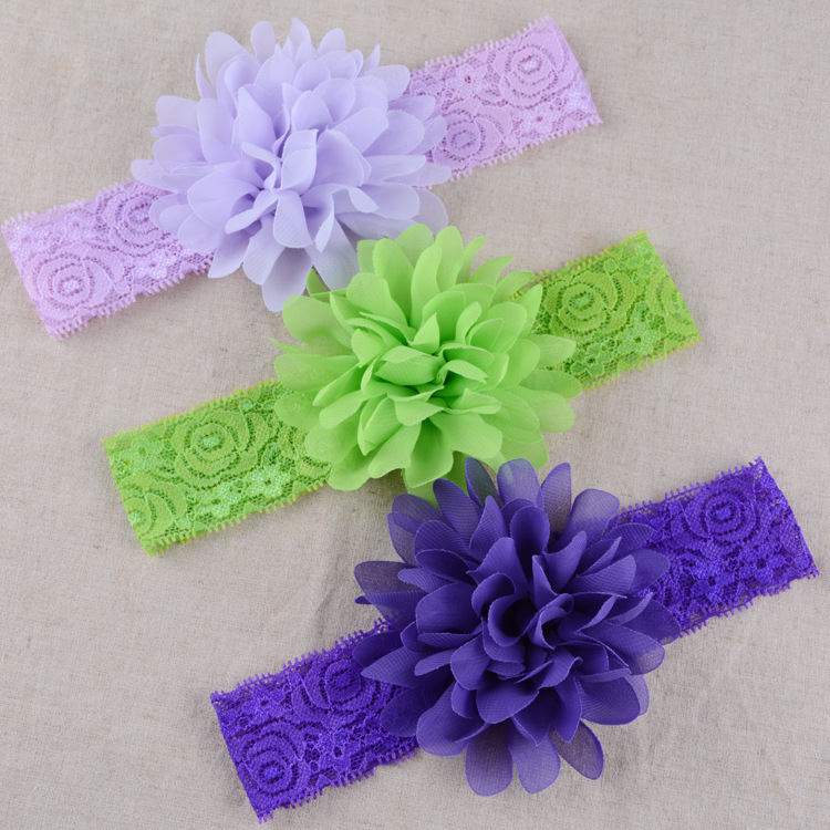 European and American Hot Selling Children's Hair Band Hair Band Color Stretch Lace with Chiffon Flower Baby Headband