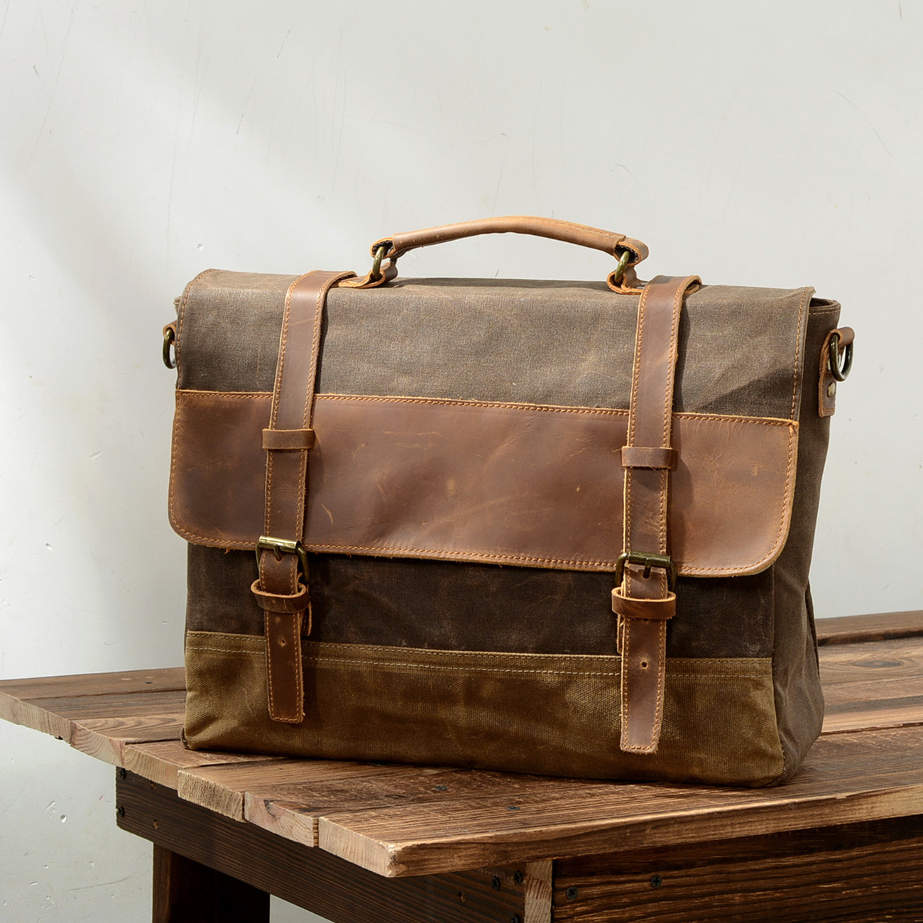 New Waterproof Oil Wax Canvas with Cowhide Briefcase European and American Men's Bag Retro Business Bag Shoulder Crossbody Handbag