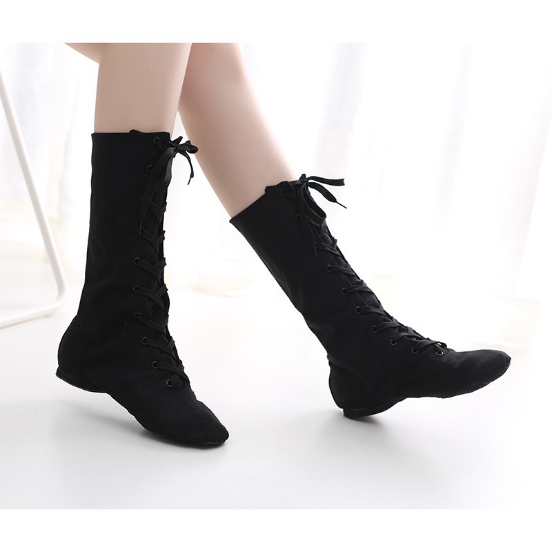 Black Extended Canvas Jazz Boots High-rise Modern Dance Shoes High-top Women's Soft-soled Dance Shoes Sports Practice Stage Performance
