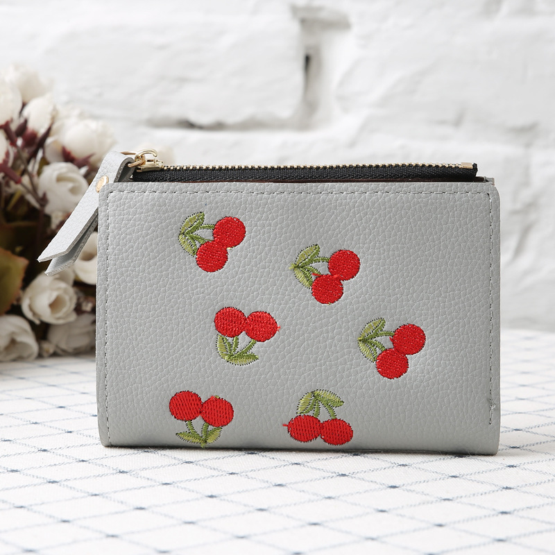 Vertical buckle cherry embroidered short fashion wallet new student simple fashion wallet in stock wholesale