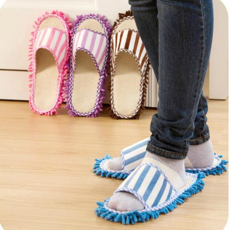 New Coral Fleece Striped Machine Washable Slippers Chenille Linen Lazy Mop Slippers