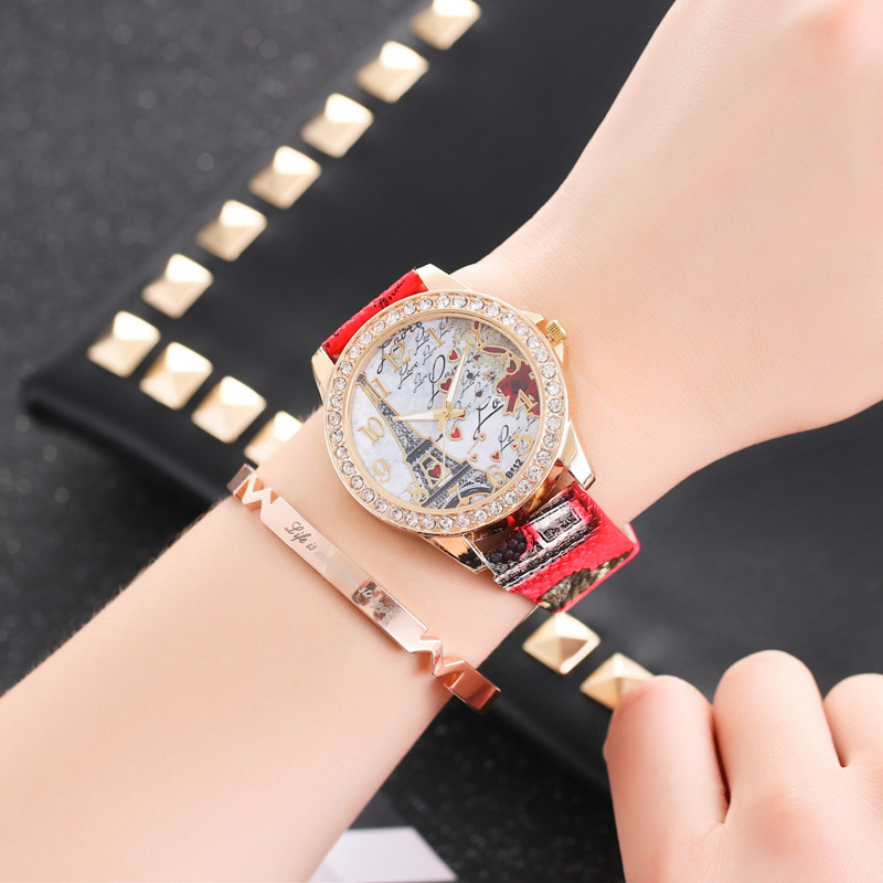 EBay Explosions Ladies Watch Fashion Diamond Tower Printed Belt Diamond Quartz Watch Women Wholesale