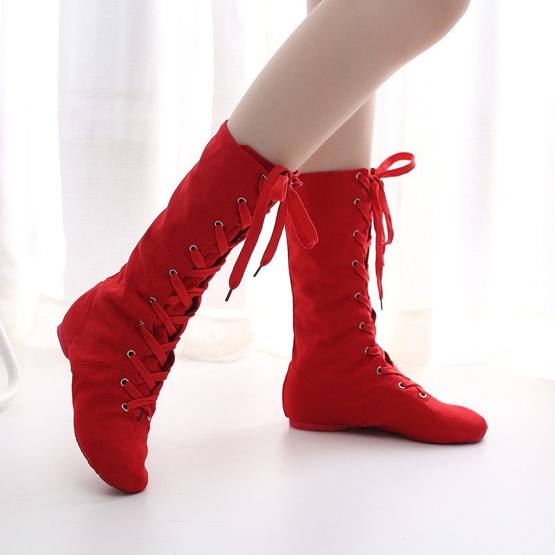 Black Extended Canvas Jazz Boots High-rise Modern Dance Shoes High-top Women's Soft-soled Dance Shoes Sports Practice Stage Performance
