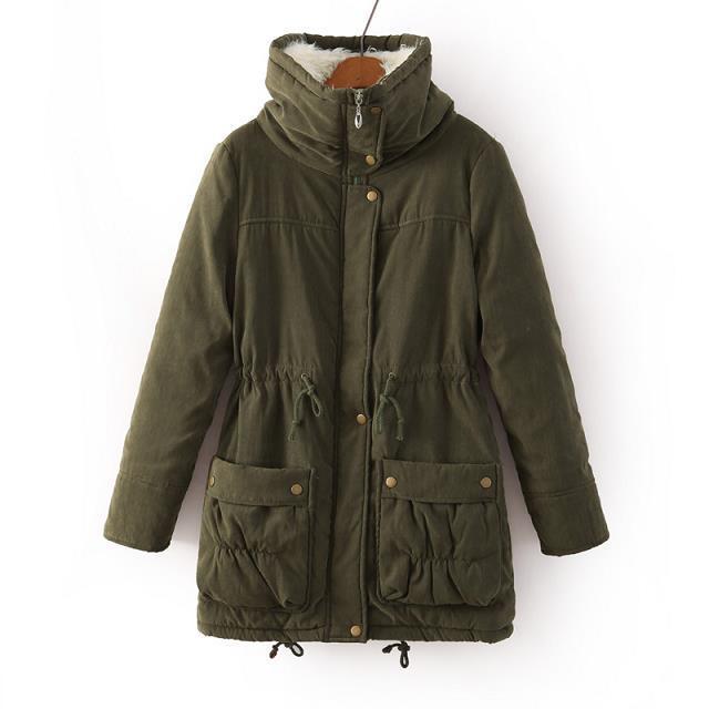 Winter New Korean Style Loose Drawstring Tight Waist Large Lapel Lambskin Cotton-padded Coat Mid-length Cotton-padded Coat Women's Coat