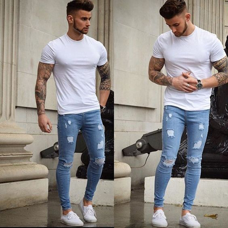 AliExpress wish foreign trade new white worn feet slim jeans wholesale European and American men's tight denim