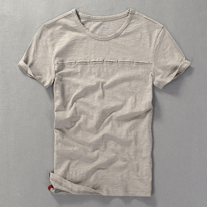 Summer New Men's Short-sleeved T-shirt Japanese Men's Round Neck Slim-fit Slub Cotton Solid Color T-shirt Men's T-shirt