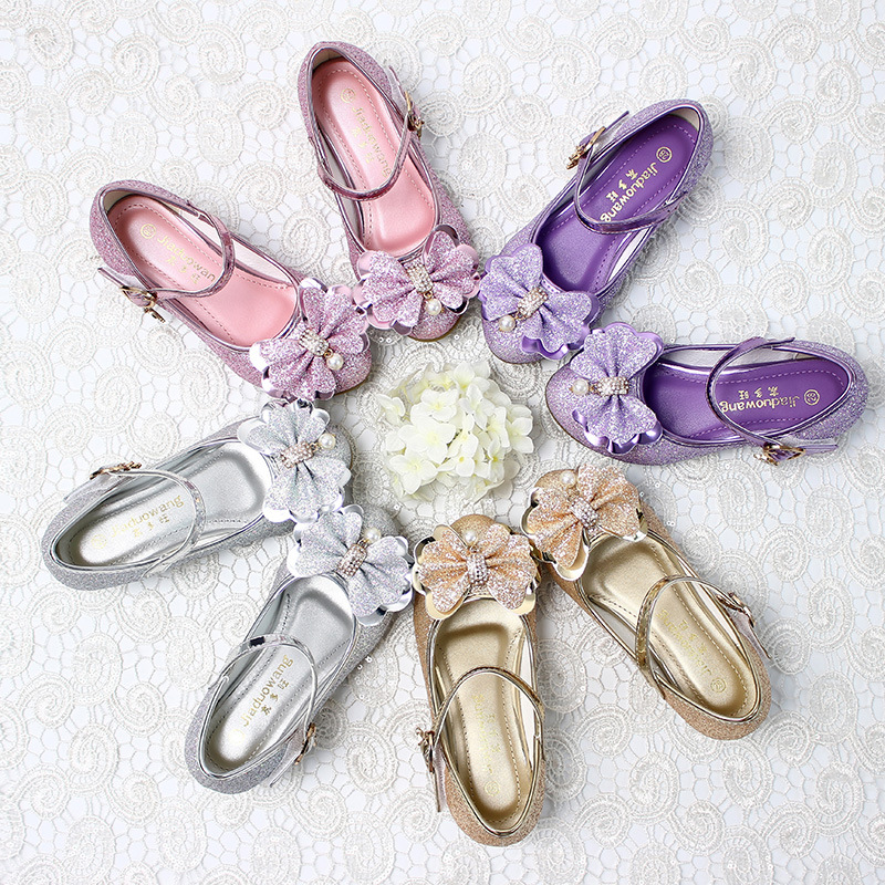 2024 New Princess Children's Shoes Bow Knot Children's Casual Shoes Korean-style Velcro Girls High-heeled Shoes Comfortable